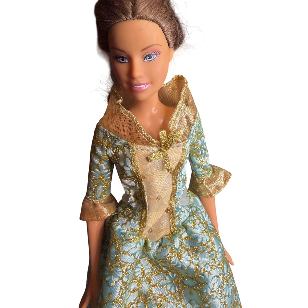 Mattel Barbie Princess Doll Blue Gold Floral Brocade‎ Gown Brown Hair with Stand - Picture 2 of 9